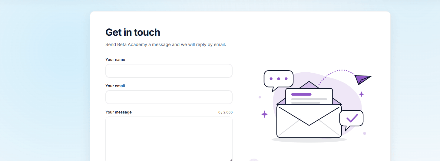 The public contact page: a short form with name, email and message beside an envelope illustration
