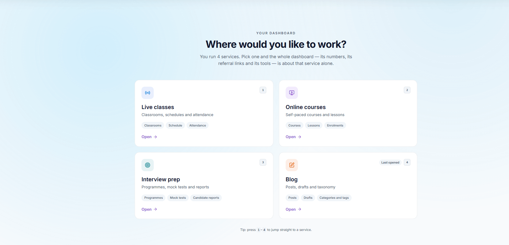 A dashboard asking where to work, with cards for live classes, online courses, interview preparation and the blog